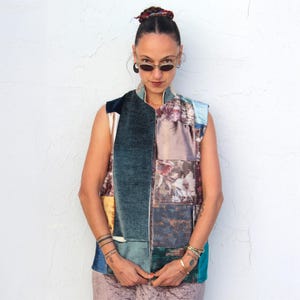 One-of-a-Kind Upcycled Patchwork Vest: Long Floral Duster in Multicolor Sustainable Fabric