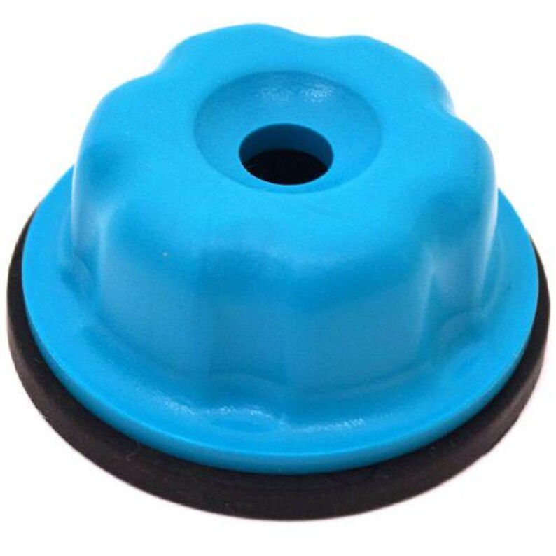 May include: A bright blue plastic cap with a flower-like top and a black rubber base. The cap has a central hole and a smooth, rounded design. The object is likely a component or part of a larger product.