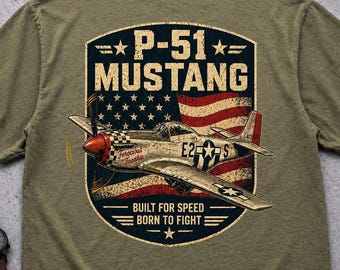 P-51 Mustang WWII-stridsflygplan T-shirt, vintage-tryck på baksidan