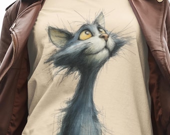 Dreamy Cat Sketch Tee, Expressive Animal Art, Minimalist Design, Unisex Gildan 5000
