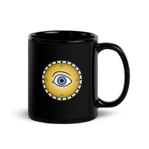 Omma – kubek kawowy The Eye Vigilance w kolorze czarnym, błyszczącym | Prezent dla oddziału wojskowego USA | Prezent w postaci tarczy greckiej