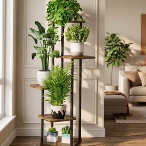 Étagère à plantes à 5 niveaux, en bois et métal, pour jardin d'intérieur ou balcon.