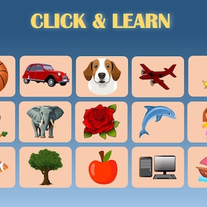 Puede incluir: Una imagen educativa con el texto "CLICK & LEARN" sobre una cuadrícula de ilustraciones coloridas. La cuadrícula incluye una pelota de baloncesto, un coche rojo, un perro, un avión, un pato, un conejo, un elefante, una rosa, un delfín, una muñeca, un pez payaso, un árbol, una manzana, un ordenador y un velero.
