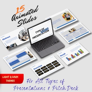 May include: A dark gray laptop centered among several floating presentation slides featuring blue and black text, charts, and images. The slides display various layouts including an abstract section, a result graph, and an overview grid.