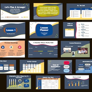 May include: A collection of digital lesson planning templates with a dark blue and yellow color scheme. The templates include sections for lesson plans, to-do lists, and calendars. Text includes "Lesson Planner" and "Organize Your Week."