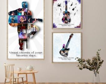 Sjabloon fotocollage gitaar aan de muur | Gitaarkunst aan de muur | Gepersonaliseerde fotocollage | Afdrukbare fotocollage met muziek | Digitale download