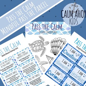 May include: A set of printable activity cards for kids featuring an ocean theme. The cards include coloring pages, mindfulness challenges, and strengths-based affirmations. The cards are designed to help children learn about mindfulness and self-compassion.