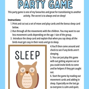 May include: A printable party game for kids called "Sleeping Birds Party Game". The game includes instructions for playing and a picture of a brown owl with the word "SLEEP" above it.
