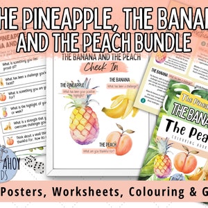 Könnte beinhalten: Ein Satz druckbarer Bildungsressourcen für Kinder mit dem Thema Ananas, Banane und Pfirsich. Das Set enthält Poster, Arbeitsblätter, Malvorlagen und ein Spiel. Die Ressourcen sollen Kindern helfen, über positives Denken, Herausforderungen und Dankbarkeit zu lernen.