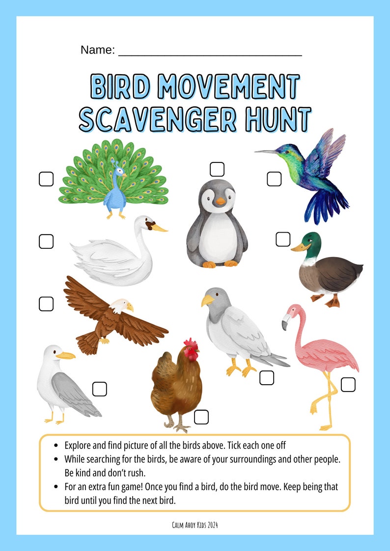 May include: A printable scavenger hunt worksheet with a colorful illustration of different birds. The worksheet includes instructions to find all the birds and tick them off. The text on the worksheet reads "Bird Movement Scavenger Hunt".