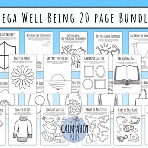 May include: A set of 20 printable coloring pages for kids, featuring illustrations and prompts related to well-being. The pages include images of a shield, a watering can, a pineapple, sunglasses, a trophy, a flower, a sunset, a jar, a shirt, a sweater, socks, underwear, and cups. The pages are designed to help children develop positive self-esteem and coping skills.