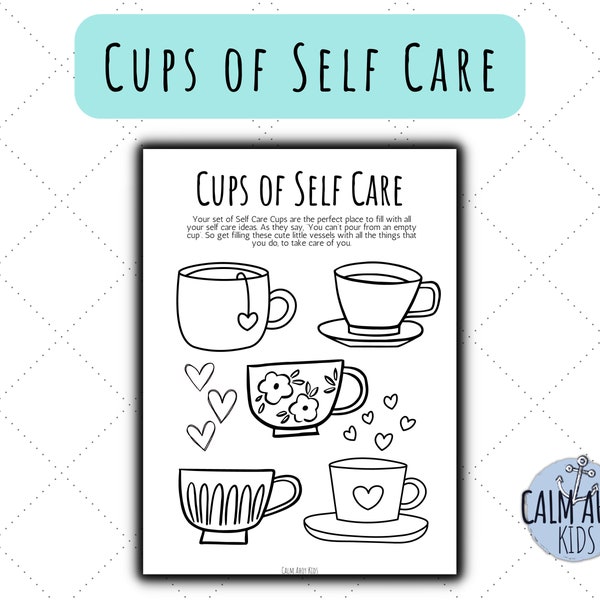 Self Care Cups Well Being Activity for Children and Adults | Creative Mindfulness Colouring Worksheet to Manage stress and Build Self Esteem