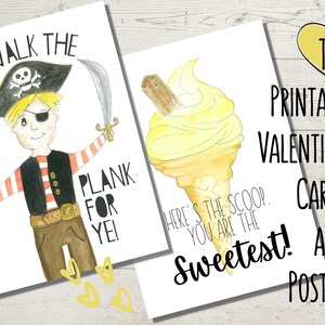Tarjetas de San Valentín lindas de piratas y helados imprimibles para niños o adultos, notas de lonchera para niños, tarjetas de San Valentín para maestros.