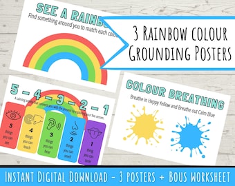 Grounding Activity Posters for Anxiety and Stress | Breathing Exercises | Rainbow Calm Down Kit for Kids Mental Health and Mindfulness Skill