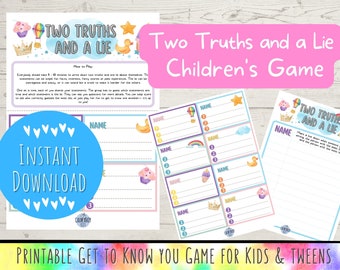 Kids Printable Ice Breaker Game for Parties and Groups | Tween Party Game for Sleepovers or Teen Birthdays | Two Truths and a Lie Printable
