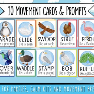 May include: Ten colorful cards with animal illustrations and movement prompts. Each card features a different animal, such as a penguin, swan, eagle, chicken, flamingo, hummingbird, duck, seagull, pigeon, and peacock. The cards are designed for use in parties, calm kits, and movement breaks.
