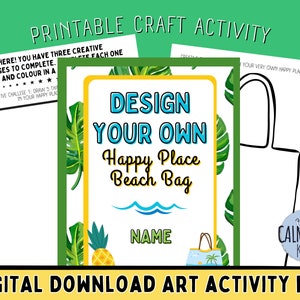 Può includere: Attività di artigianato stampabile per bambini per progettare la propria borsa da spiaggia del posto felice. L'attività include un modello di borsa da spiaggia, uno spazio per il nome e uno spazio per disegnare e colorare.