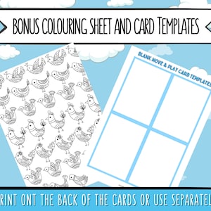 May include: Black and white printable coloring sheet featuring a pattern of stylized birds.  The sheet is accompanied by a blank card template with the text "BLANK MOVE & PLAY CARD TEMPLATES".  The text "PRINT ONT THE BACK OF THE CARDS OR USE SEPARATELY" is at the bottom of the image.