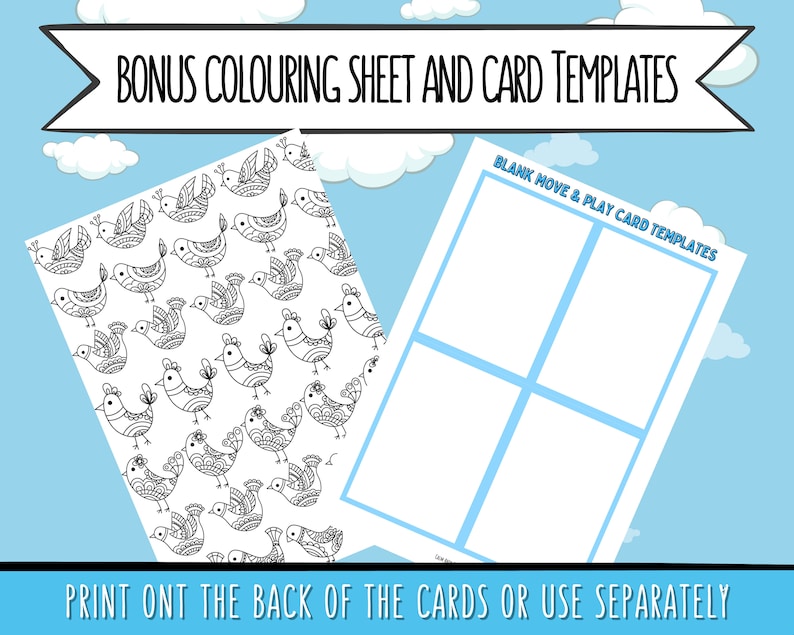 May include: Black and white printable coloring sheet featuring a pattern of stylized birds.  The sheet is accompanied by a blank card template with the text "BLANK MOVE & PLAY CARD TEMPLATES".  The text "PRINT ONT THE BACK OF THE CARDS OR USE SEPARATELY" is at the bottom of the image.