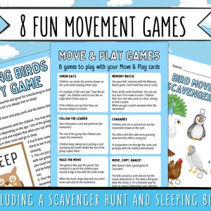 May include: A colorful printable set of 8 movement games for kids. The games include Simon Says, Memory Match, Charades, Follow the Leader, Pass the Move, and Move, Copy, Dance! The set also includes a bird movement scavenger hunt and a sleeping birds party game.