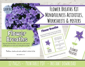 Actividad de respiración con flores para niños: Hojas de trabajo de salud mental (patrón PDF)