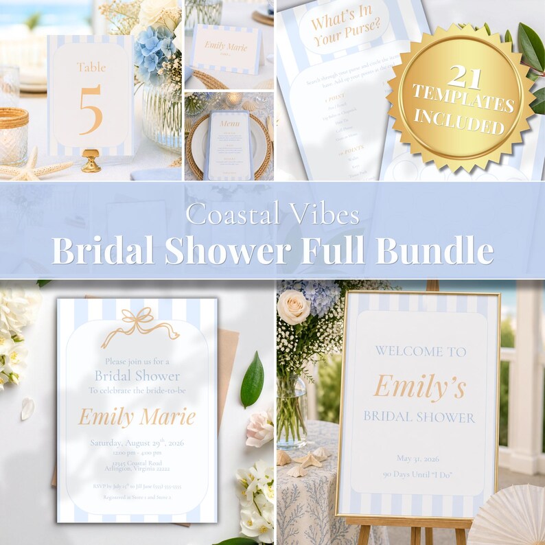 Coastal Vibes Bridal Shower All-in-one Bundle | 21 Editable Canva ...