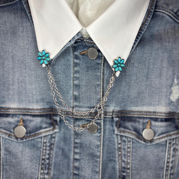 Turquoise-Inspired Flower Collar Pins with Draped Chains | Statement Necklace Accent | Brooches for Women