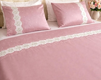 Set di biancheria da letto in raso di cotone rosa cipria, copripiumino ricamato, lenzuola setose, regalo di nozze.