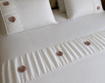 King Size Satin Bedding Set | Floral Appliqué, Romantic White, Deluxe Duvet Cover