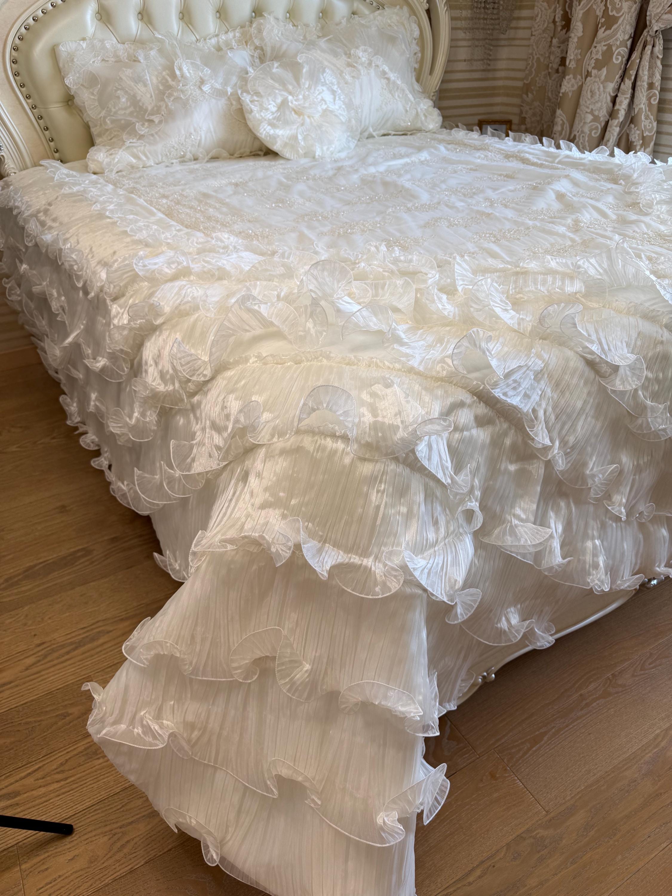 Handmade Ruffled Bedspread, French Lace Coverlet, Romantic Shabby Chic
