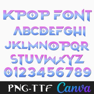 Könnte beinhalten: Ein vollständiger Satz von Alphabet und Zahlen in einem blau-rosa KPOP-Schriftstil. Die Worte "KPOP FONT" stehen oben. Der untere Teil des Bildes enthält die Worte "PNG-TTF Canva".