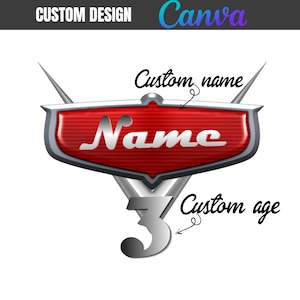Puede incluir: Un diseño personalizado con un emblema rojo y plateado con el texto "Name" en blanco y el número "3". El diseño incluye el texto "Custom name" y "Custom age". También están presentes las palabras "Custom Design" y "Canva".
