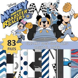 Puede incluir: Gráfico digital con Mickey Mouse y sus amigos de "Mickey and the Roadster Racers". La imagen incluye a Mickey, Minnie y Goofy con atuendo de carreras, un coche de carreras, banderas a cuadros y el texto "83 FILES". La imagen también incluye el texto "CLIPART PNG-SVG FILES DIGITAL PAPER."