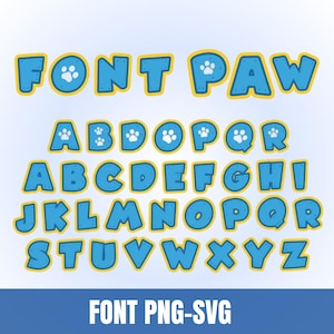 Puede incluir: Un alfabeto completo en una fuente lúdica, con cada letra en color azul brillante, delineada en amarillo y con una huella de pata. Las palabras "FONT PAW" están en la parte superior y "FONT PNG-SVG" en la inferior.
