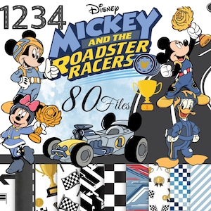 May include: A digital graphic featuring Disney Mickey and the Roadster Racers with characters Mickey Mouse, Minnie Mouse, and Donald Duck in racing gear. Includes a race car, a gold trophy, and various patterns like checkered flags and stripes.