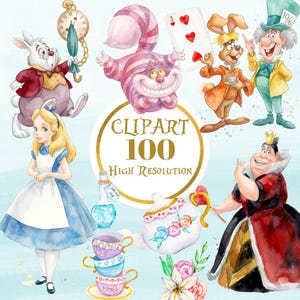 Könnte beinhalten: Aquarellillustrationen von Charakteren aus Alice im Wunderland. Das Bild zeigt Alice, das weiße Kaninchen, die Grinsekatze, den Hutmacher, den Märzhasen, die Herzkönigin und andere Elemente. Text: "Clipart 100 High Resolution."
