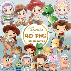Puede incluir: Una colección de imágenes prediseñadas de personajes de dibujos animados con un vaquero, una vaquera, un dinosaurio y otros personajes. La imagen incluye el texto "Clipart 40 PNG Alta Resolución" en un círculo dorado.