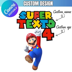 May include: A colorful graphic featuring the text "SUPER TEXTO 4" with a cartoon character in a red hat and blue overalls. The image includes the text "CUSTOM DESIGN" and "Canva EDITABLE".