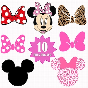 May include: A collection of Minnie Mouse-themed digital graphics. Includes a red bow with white polka dots, Minnie Mouse's face, a leopard print bow, a pink bow with white polka dots, a solid pink bow, a black Mickey Mouse silhouette, and a pink leopard print Minnie Mouse head. The image also includes a pink starburst graphic with the text "10 FILES PNG-SVG".