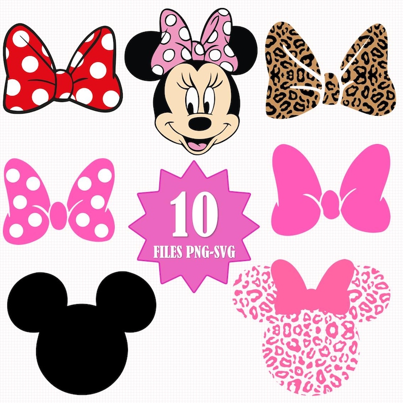 May include: A collection of Minnie Mouse-themed digital graphics. Includes a red bow with white polka dots, Minnie Mouse's face, a leopard print bow, a pink bow with white polka dots, a solid pink bow, a black Mickey Mouse silhouette, and a pink leopard print Minnie Mouse head. The image also includes a pink starburst graphic with the text "10 FILES PNG-SVG".