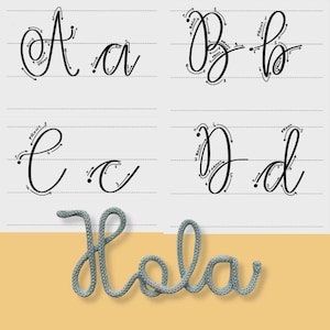 May include: A calligraphy guide displays the letters A, B, C, and D in both uppercase and lowercase, with numbered stroke directions. Below, the word "Hola" is crafted from a gray rope, set against a yellow background.