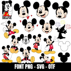 May include: A collection of Mickey Mouse illustrations in various poses and expressions. Mickey is depicted in his classic red shorts, yellow shoes, and white gloves. Includes a silhouette of a wizard and the word "SELFIE". The text "FONT PNG - SVG - OTF" is also present.