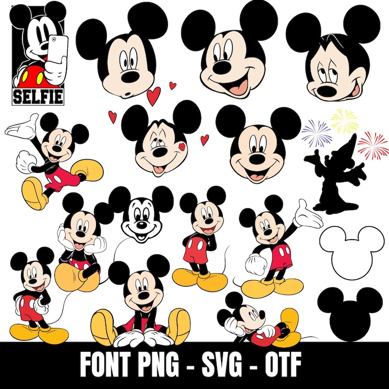 May include: A collection of Mickey Mouse illustrations in various poses and expressions. Mickey is depicted in his classic red shorts, yellow shoes, and white gloves. Includes a silhouette of a wizard and the word "SELFIE". The text "FONT PNG - SVG - OTF" is also present.
