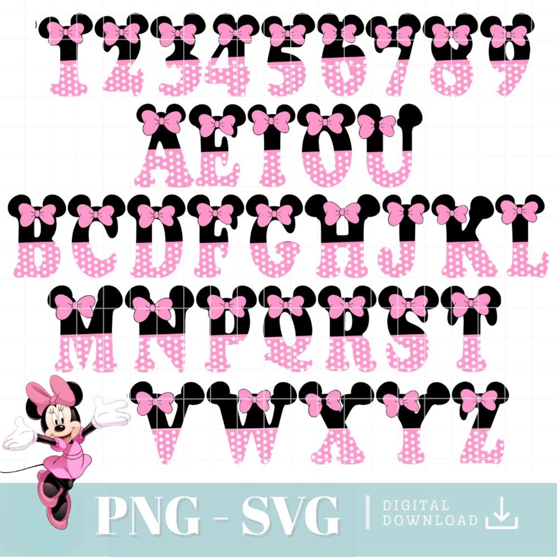 Minnie Lettering Minnie Mouse Font SVG, PNG, Clipart Alphabet and Numbers (digital ...