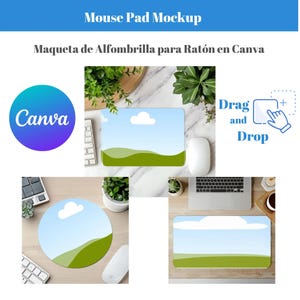 May include: A mockup of mouse pads in various shapes, including rectangular and circular, with a landscape design of a blue sky and green hills. The word "Canva" is displayed on a blue and purple circle. The text "Drag and Drop" is also visible.