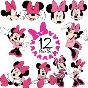 K&ouml;nnte beinhalten: Eine Sammlung von Minnie Mouse-Grafiken in verschiedenen Posen, die ihre charakteristische rosa Schleife und ihr Kleid zeigen. Die Bilder umfassen Ganzk&ouml;rper- und Kopfaufnahmen, mit der Zahl "12" und "PNG-SVG" in der Mitte, umgeben von rosa Minnie Mouse-Kopf-Silhouetten.