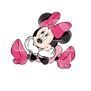 K&ouml;nnte beinhalten: Cartoon-Illustration von Minnie Mouse in sitzender Position, mit rosa Kleid, Schleife und Schuhen. Die Figur ist schwarz-wei&szlig; mit rosa Akzenten und wei&szlig;en Handschuhen. Der Hintergrund ist wei&szlig;.