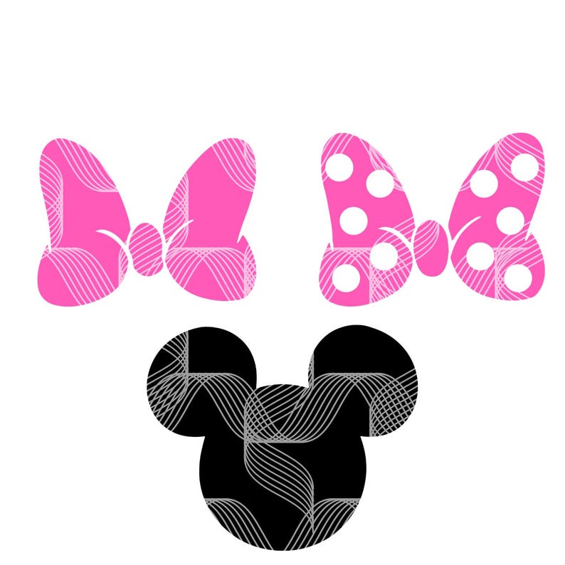 May include: Three graphic designs on a white background. Two pink bows, one with a wavy pattern and the other with white polka dots. A black Mickey Mouse head with a wavy pattern completes the design.