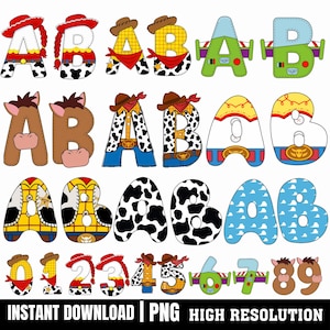 Può includere: Una collezione di lettere e numeri colorati in stile cartone animato. Le lettere sono decorate con cappelli da cowboy, motivi a pelle di mucca e temi di Buzz Lightyear. Sono inclusi anche i numeri da 0 a 9, ognuno con un design unico. L'immagine include il testo "INSTANT DOWNLOAD | PNG HIGH RESOLUTION."