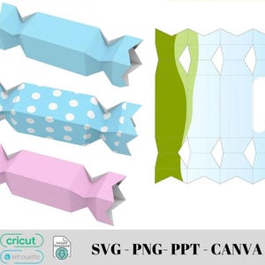 Peut inclure: Trois bo&icirc;tes en papier en forme de bonbons, bleues, bleu &agrave; pois et roses. Les bo&icirc;tes ont un design g&eacute;om&eacute;trique avec des bords pli&eacute;s. Un mod&egrave;le plat et d&eacute;pli&eacute; pour une bo&icirc;te &agrave; bonbons est &eacute;galement montr&eacute;. Le texte "SVG - PNG - PPT - CANVA" est inclus.